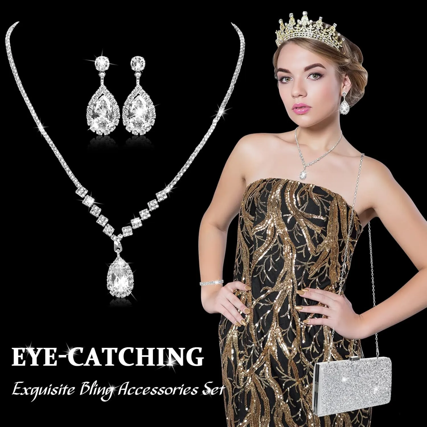 Mixweer 4 Pieces Clutch Purses Bag for Women Evening Rhinestone Jewelry Set Bling Necklace Earrings Bracelets Set for Wedding