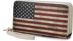 MKF Collection USA Wristlet Wallet for Women's, American Flag Vegan Leather Double Zipper Multi Pocket Small Patriotic Purse