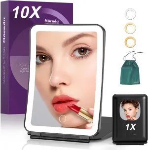 Mocado Travel Makeup Mirror with Light, 1x/10x Magnifying Mirror with Light, 3 Colors Lighted Magnifying Mirror, 2000mAh Rechargeable Lighted Makeup Mirror, Dimmable Touch, Memory Function (Black)