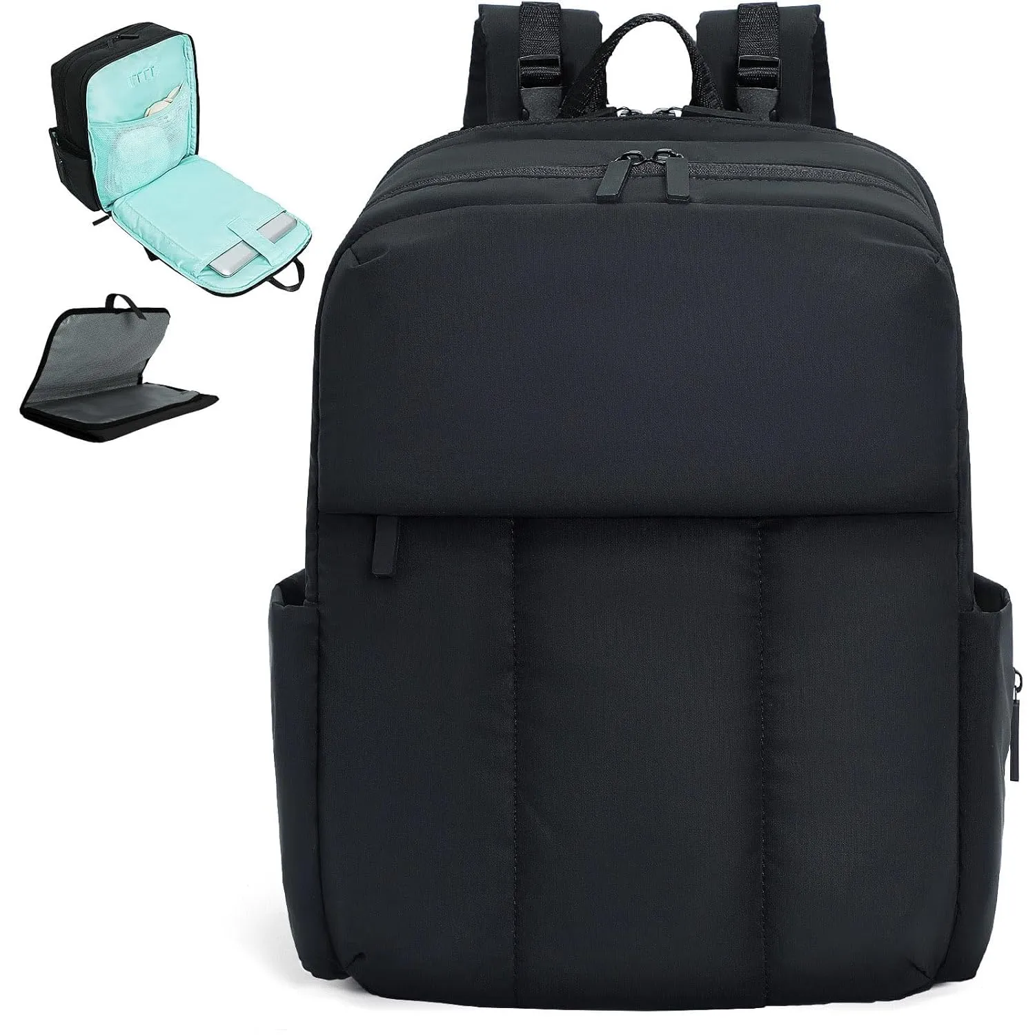 MOMINSIDE Diaper Bag Backpack - Extra Large Puffer Diaper Bag - Neoprene Diaper Bag Quilted Baby Bag for 2 Kids Boys Girls, Large Changing Pad, Stroller Straps, 15 Pockets, Black