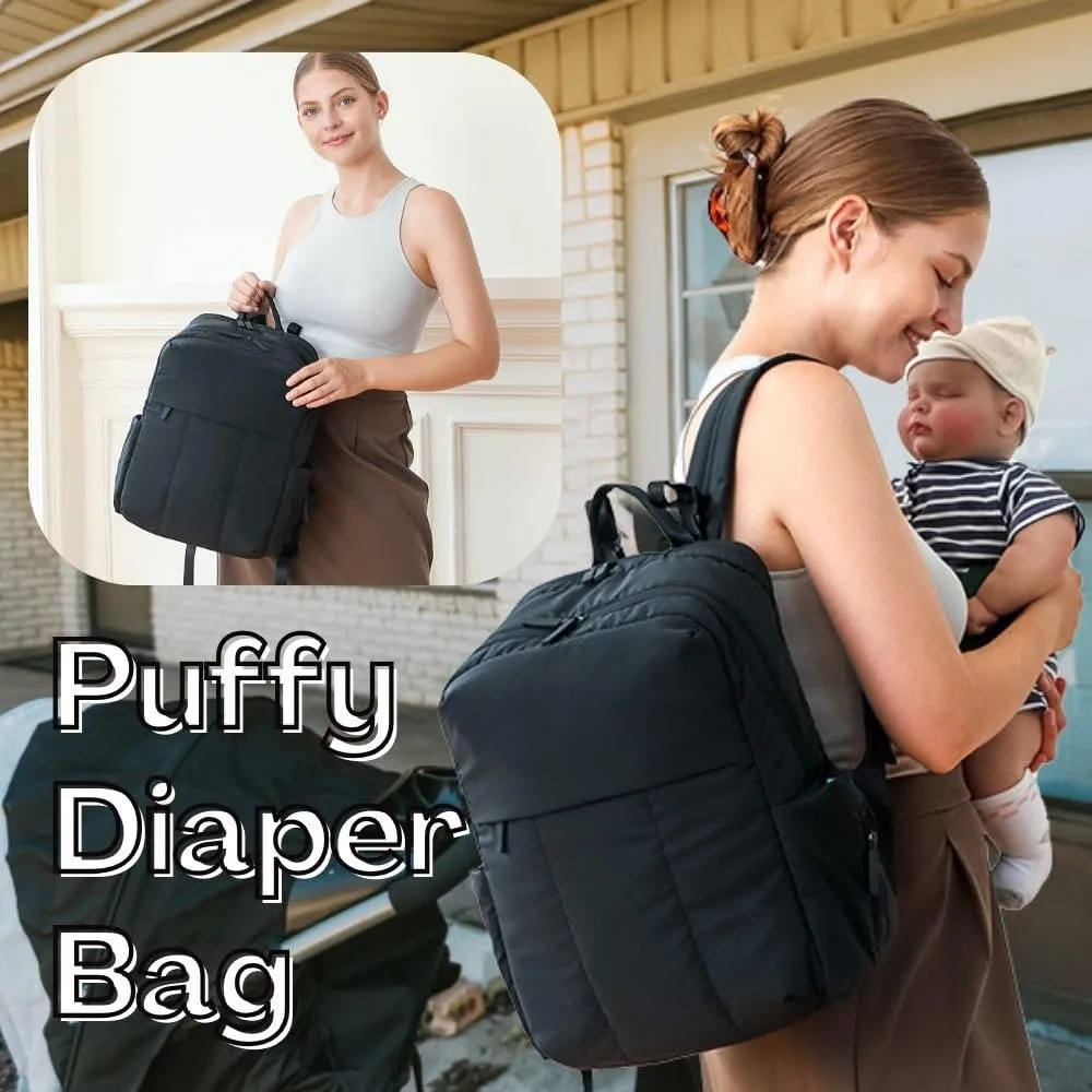 MOMINSIDE Diaper Bag Backpack - Extra Large Puffer Diaper Bag - Neoprene Diaper Bag Quilted Baby Bag for 2 Kids Boys Girls, Large Changing Pad, Stroller Straps, 15 Pockets, Black