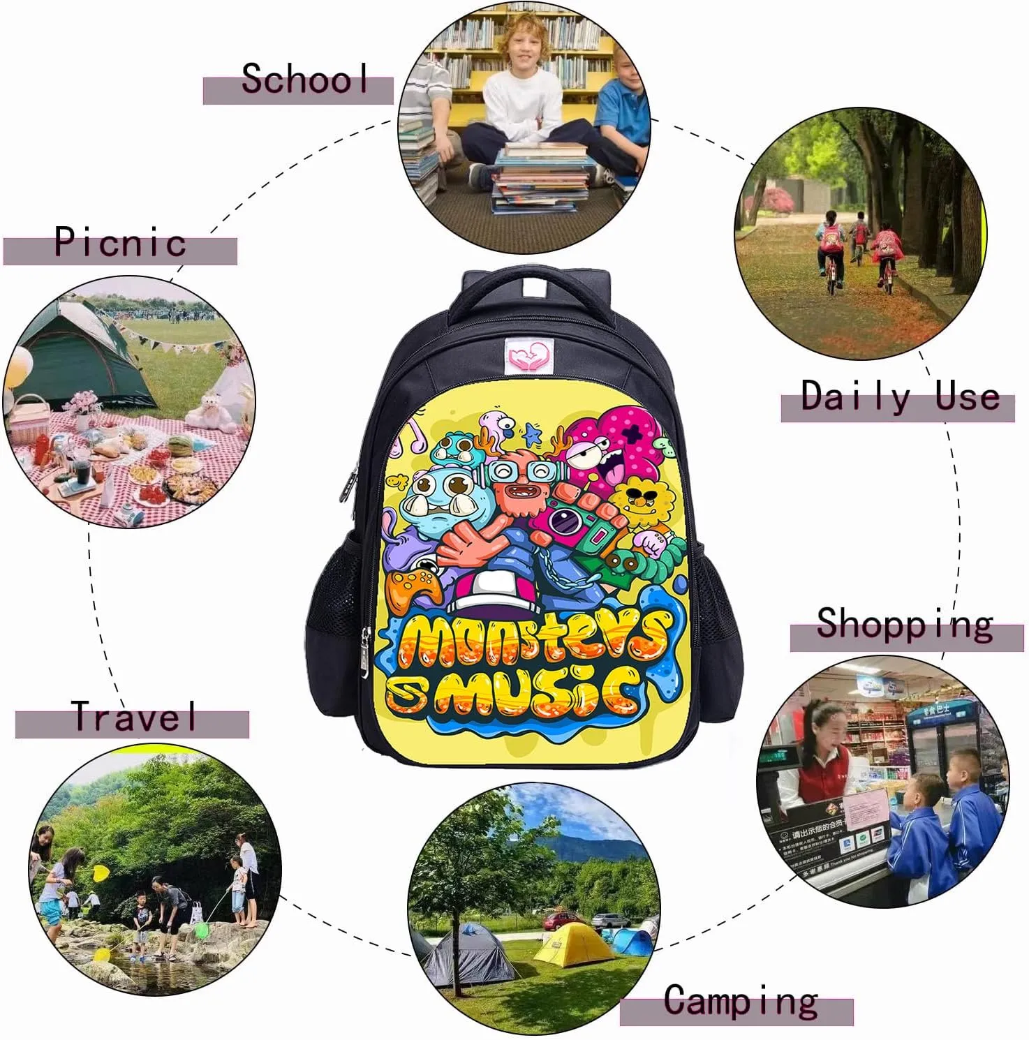 Monsters Music Horror Game Kids Backpacks Cartoon Anime School Bag Cute Large Capacity Travel Bag Student Bookbag