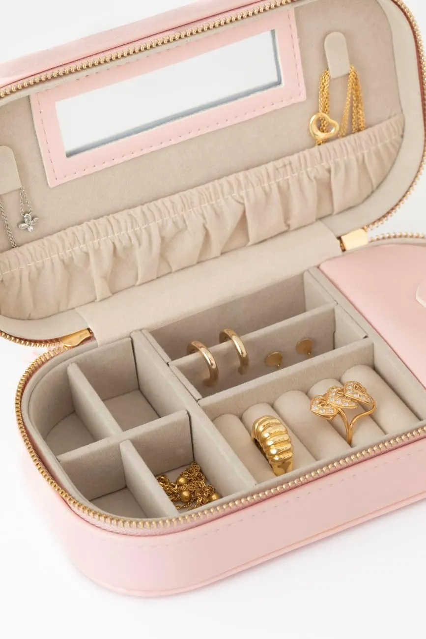 Mothers Day Gift Pink Elegant Oval Jewelry Travel Case | Zip-Closure Jewelry Box with Mirror, Slots for Pendants, Bracelets, Rings & Earrings, Complimentary Dust Bag