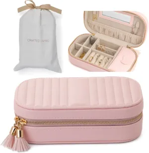 Mothers Day Gift Pink Elegant Oval Jewelry Travel Case | Zip-Closure Jewelry Box with Mirror, Slots for Pendants, Bracelets, Rings & Earrings, Complimentary Dust Bag