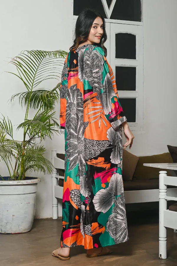 Multicoloured Abstract Floral Velvet Kaftan Nighty
