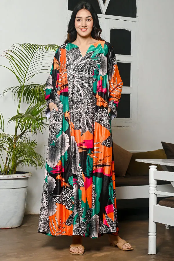 Multicoloured Abstract Floral Velvet Kaftan Nighty