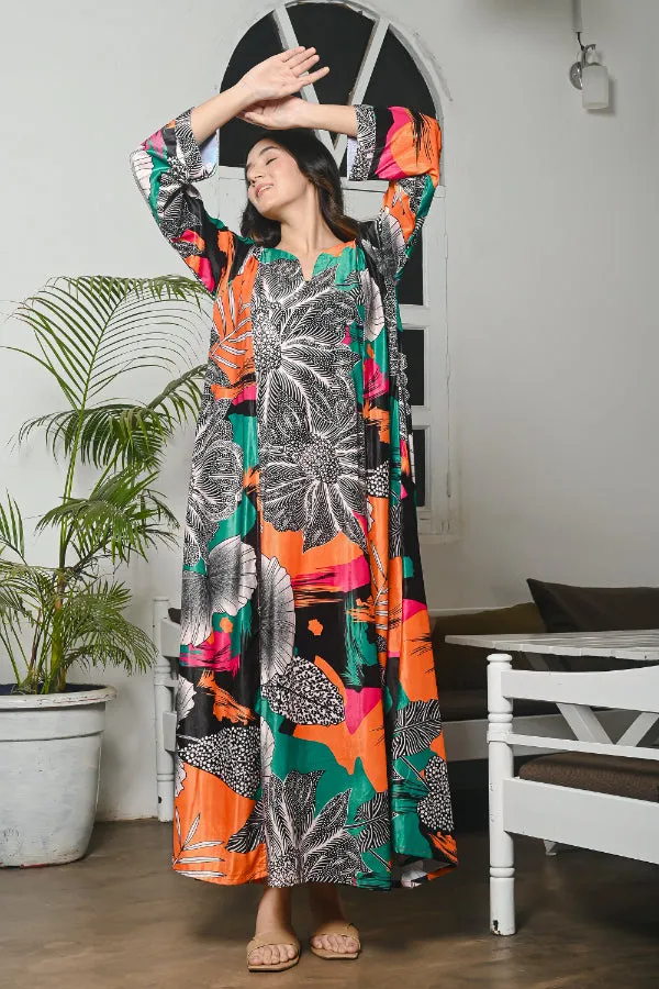Multicoloured Abstract Floral Velvet Kaftan Nighty