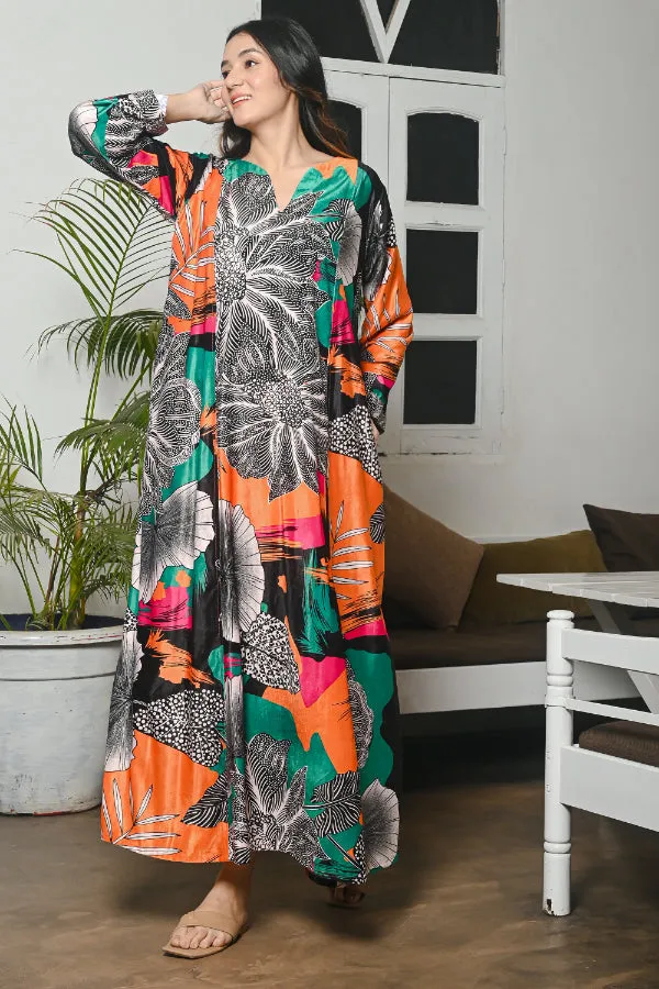 Multicoloured Abstract Floral Velvet Kaftan Nighty