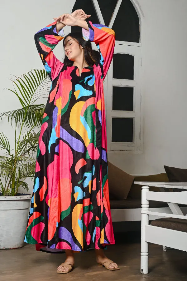 Multicoloured Abstract Velvet Kaftan Nighty