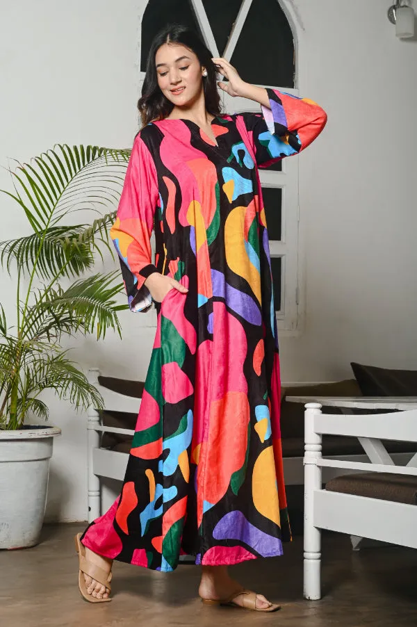 Multicoloured Abstract Velvet Kaftan Nighty