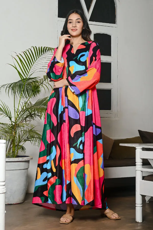 Multicoloured Abstract Velvet Kaftan Nighty