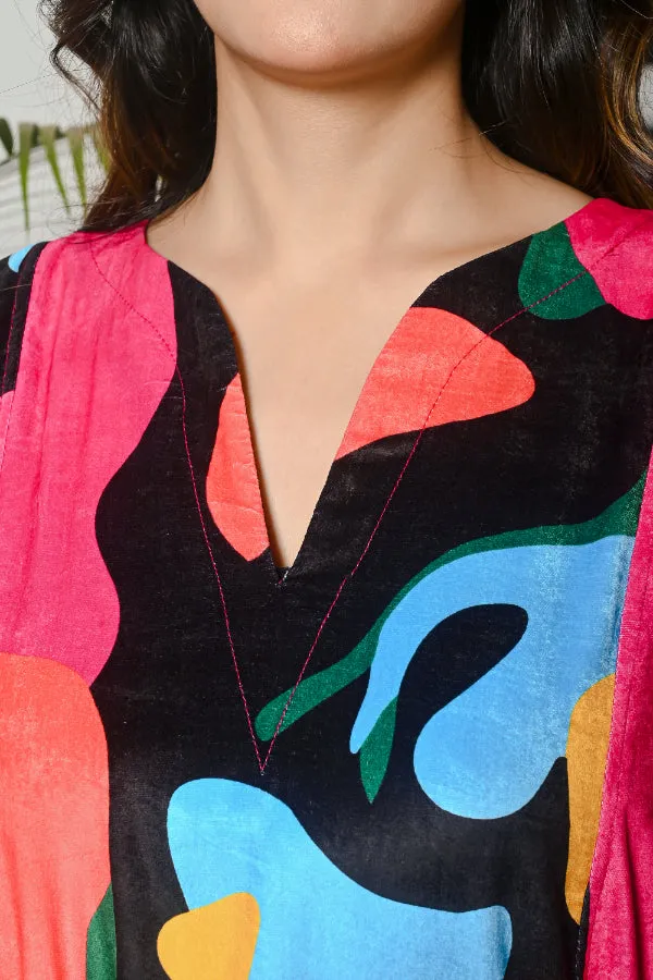 Multicoloured Abstract Velvet Kaftan Nighty