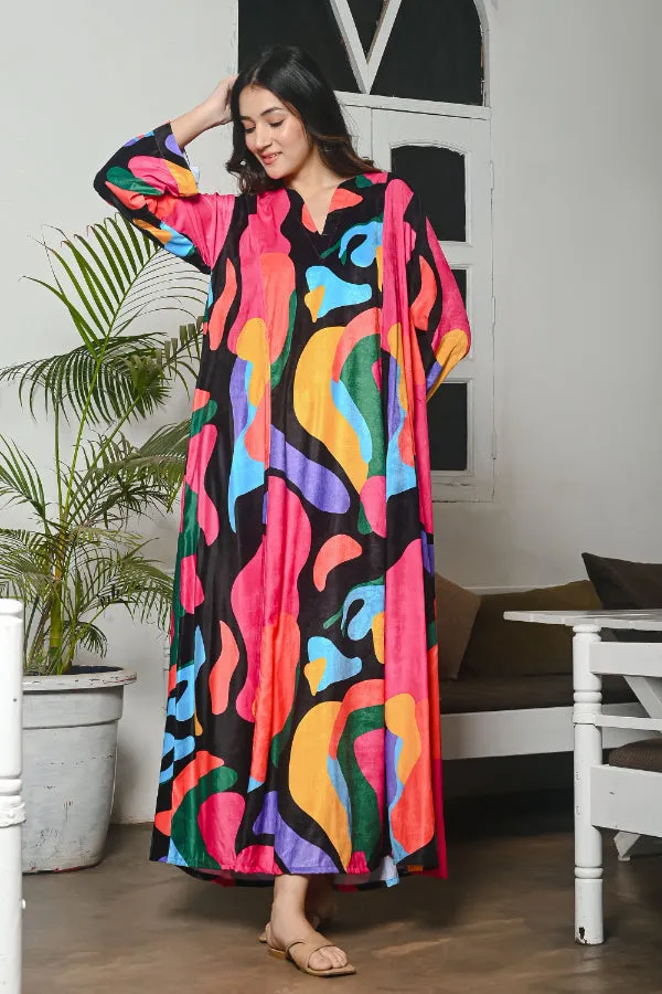 Multicoloured Abstract Velvet Kaftan Nighty