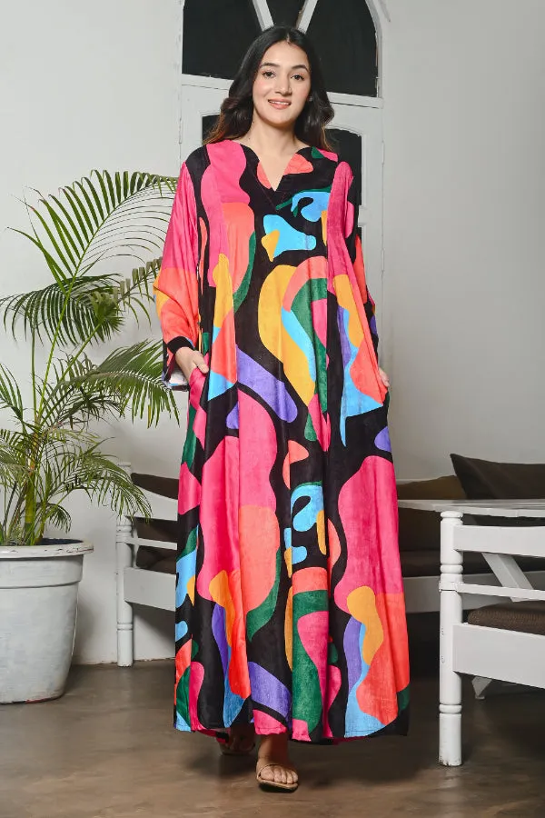 Multicoloured Abstract Velvet Kaftan Nighty