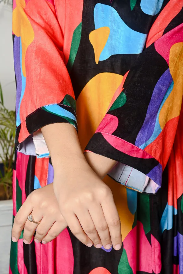 Multicoloured Abstract Velvet Kaftan Nighty