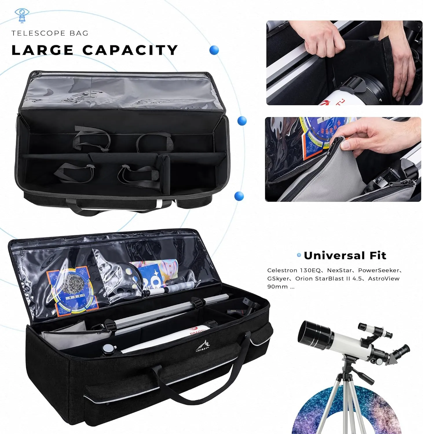 Multipurpose Telescope Bag 40 In– Padded Shock Absorbent –600D Oxford Telescope Carrying Case for Celestron with Adjustable Shoulder Strap & Pockets and Extra Storage, Black