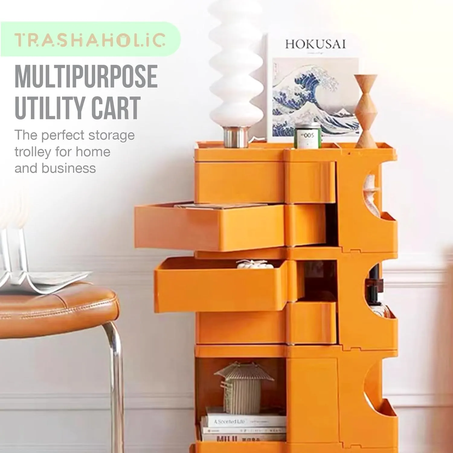 Multipurpose Utility Storage Cart - Industrial Storage with Wheels and Slide Out Drawers - Professional Trolley Cart - Portable Caddy for Salon Supplies, Kitchen Needs, Medical Tools - Tropical Orange