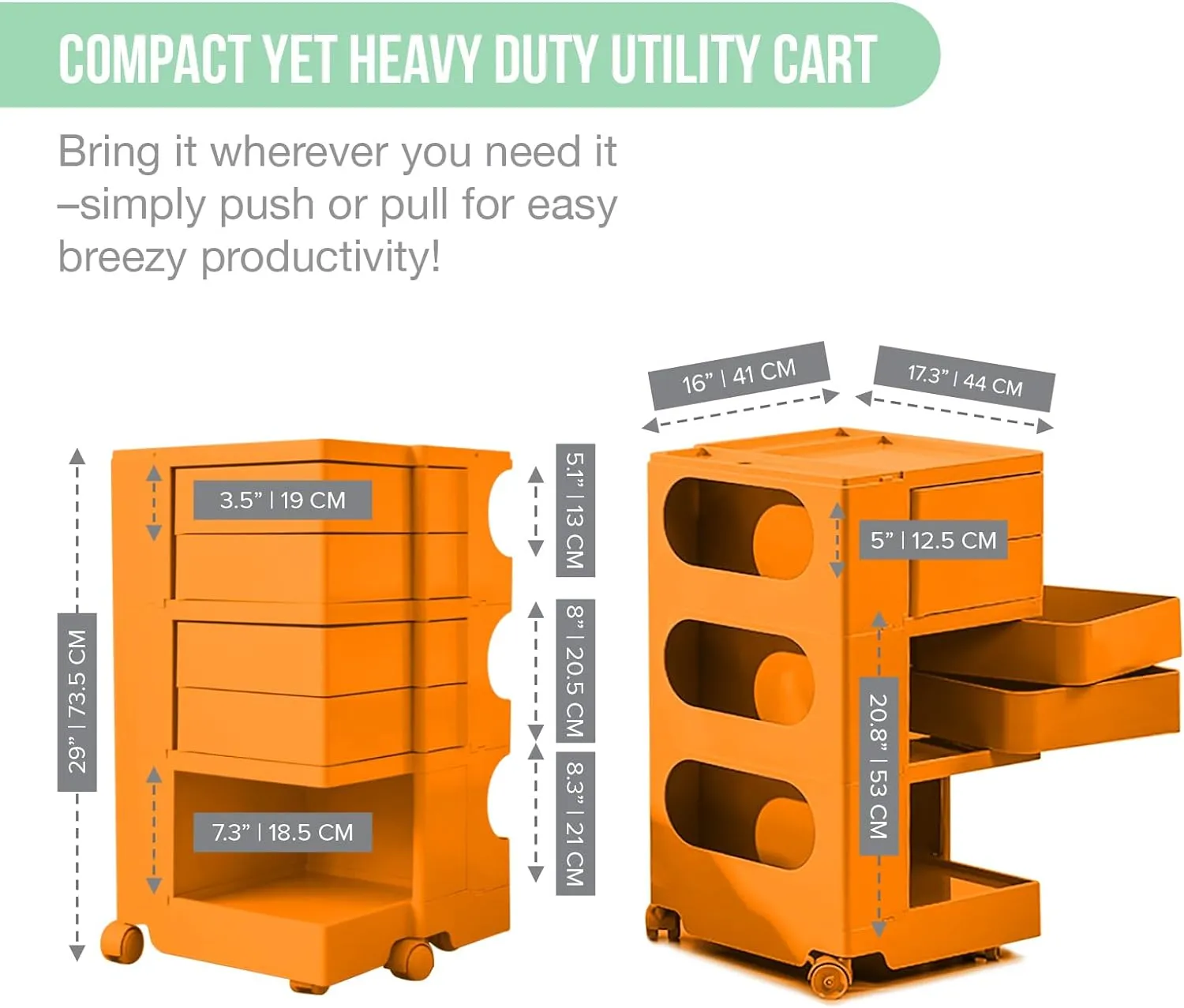 Multipurpose Utility Storage Cart - Industrial Storage with Wheels and Slide Out Drawers - Professional Trolley Cart - Portable Caddy for Salon Supplies, Kitchen Needs, Medical Tools - Tropical Orange
