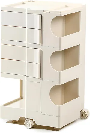 Multipurpose Utility Storage Cart - MCM Storage with Wheels and Slide Out Drawers - Professional Trolley Cart - Portable Caddy for Salon Supplies, Kitchen Bathroom Sliding Organizer - Creamy White