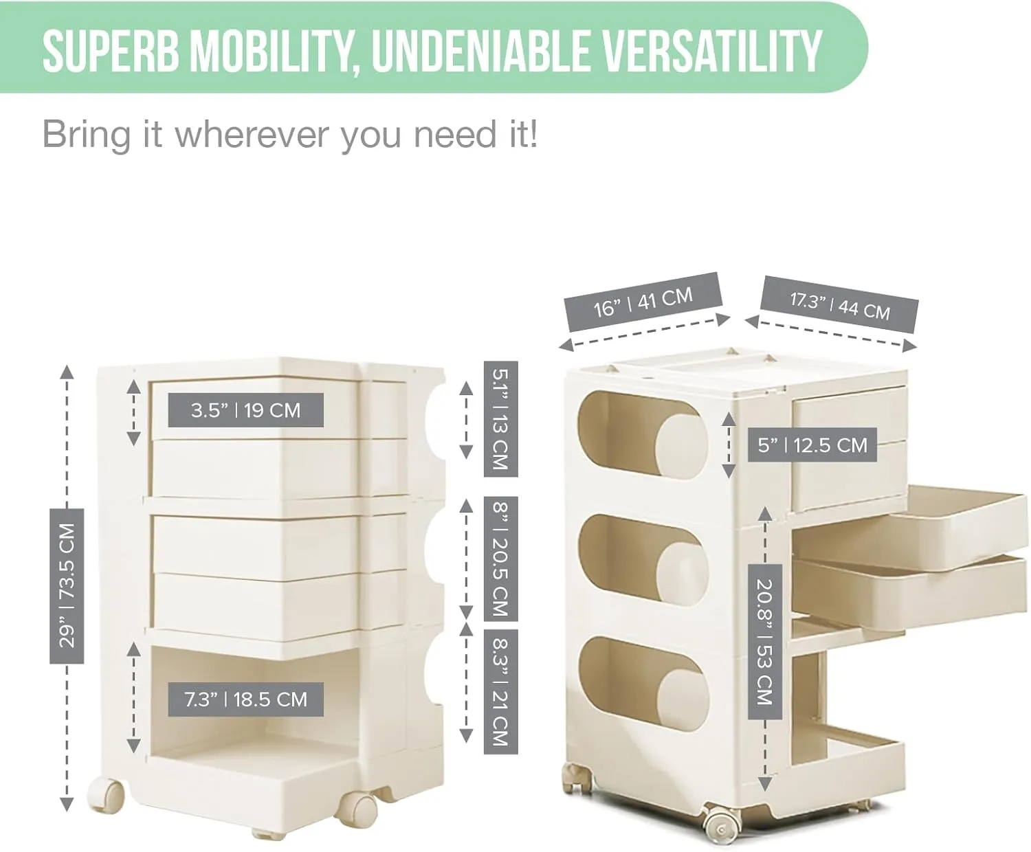Multipurpose Utility Storage Cart - MCM Storage with Wheels and Slide Out Drawers - Professional Trolley Cart - Portable Caddy for Salon Supplies, Kitchen Bathroom Sliding Organizer - Creamy White