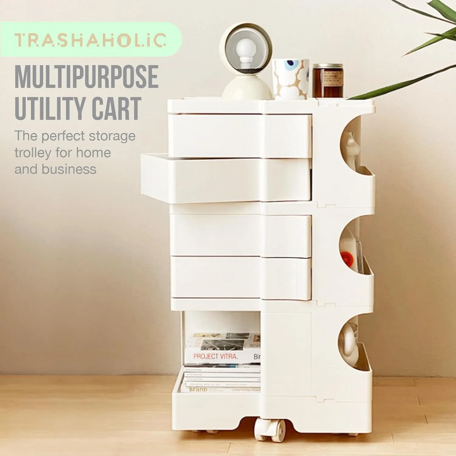 Multipurpose Utility Storage Cart - MCM Storage with Wheels and Slide Out Drawers - Professional Trolley Cart - Portable Caddy for Salon Supplies, Kitchen Bathroom Sliding Organizer - Creamy White