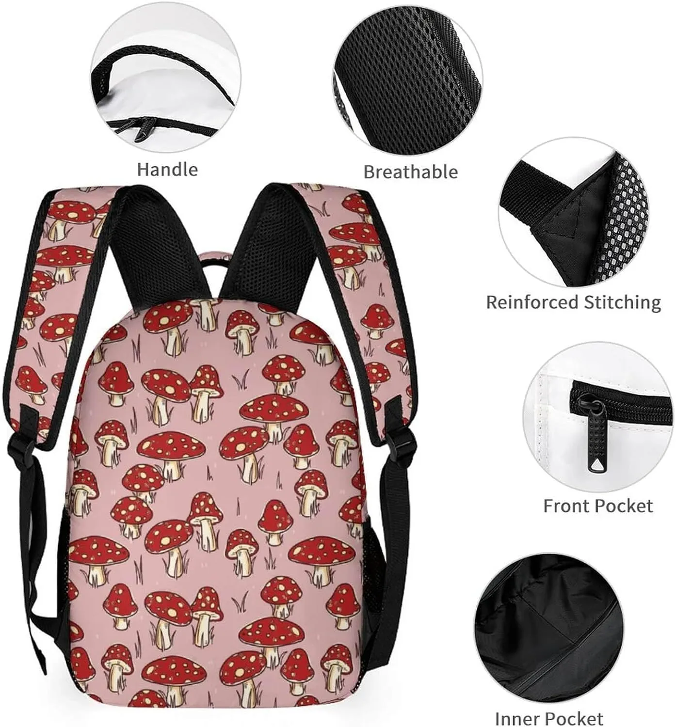 Mushroom Backpack for Kids Girls Boys School, 16 Inches Cute Mushroom Theme Bookbag, Adjustable, Lightweight, Large Capacity, Colorful Mushroom Backpack for School