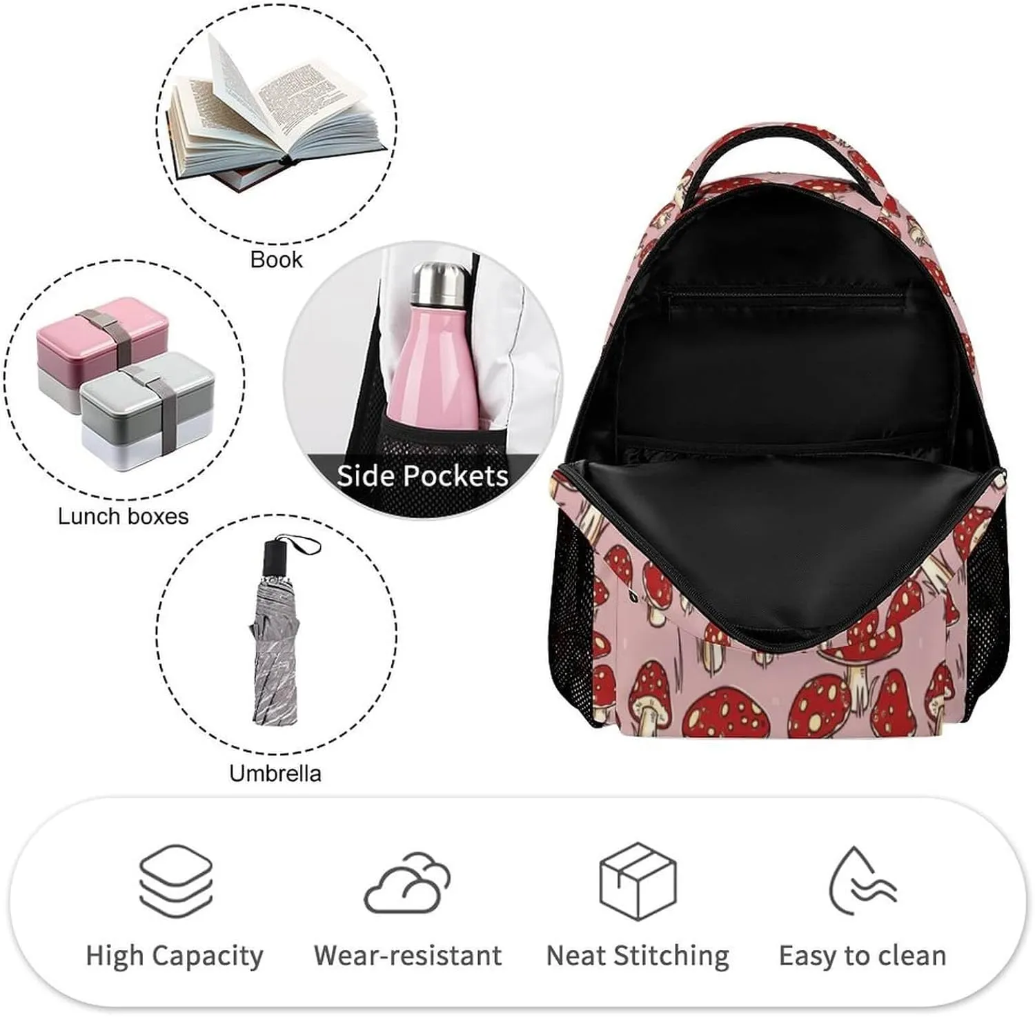 Mushroom Backpack for Kids Girls Boys School, 16 Inches Cute Mushroom Theme Bookbag, Adjustable, Lightweight, Large Capacity, Colorful Mushroom Backpack for School