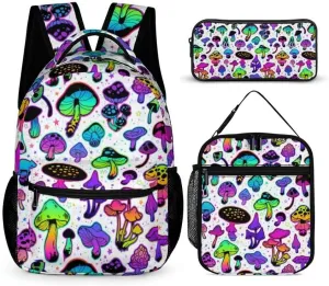 Mushroom Backpack with Lunch Box & Pencil Case, 16 Inch Cute Mushroom Themed Bookbag, Adjustable Lightweight Large Capacity, Colorful Mushroom Backpack Set for Kids Girls Boys School