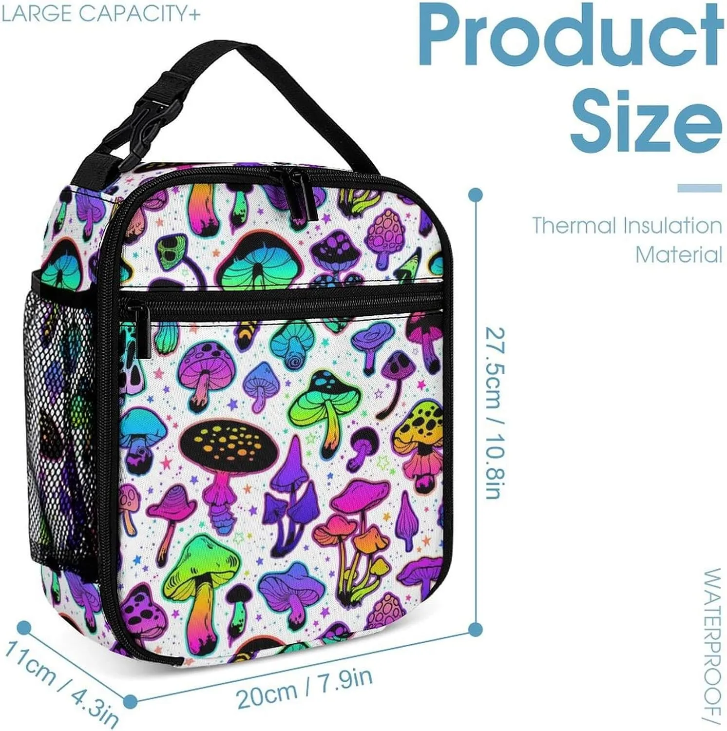 Mushroom Backpack with Lunch Box & Pencil Case, 16 Inch Cute Mushroom Themed Bookbag, Adjustable Lightweight Large Capacity, Colorful Mushroom Backpack Set for Kids Girls Boys School