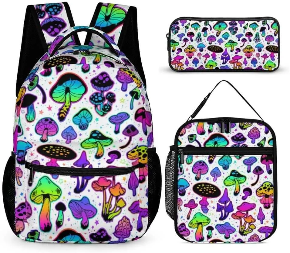 Mushroom Backpack with Lunch Box & Pencil Case, 16 Inch Cute Mushroom Themed Bookbag, Adjustable Lightweight Large Capacity, Colorful Mushroom Backpack Set for Kids Girls Boys School