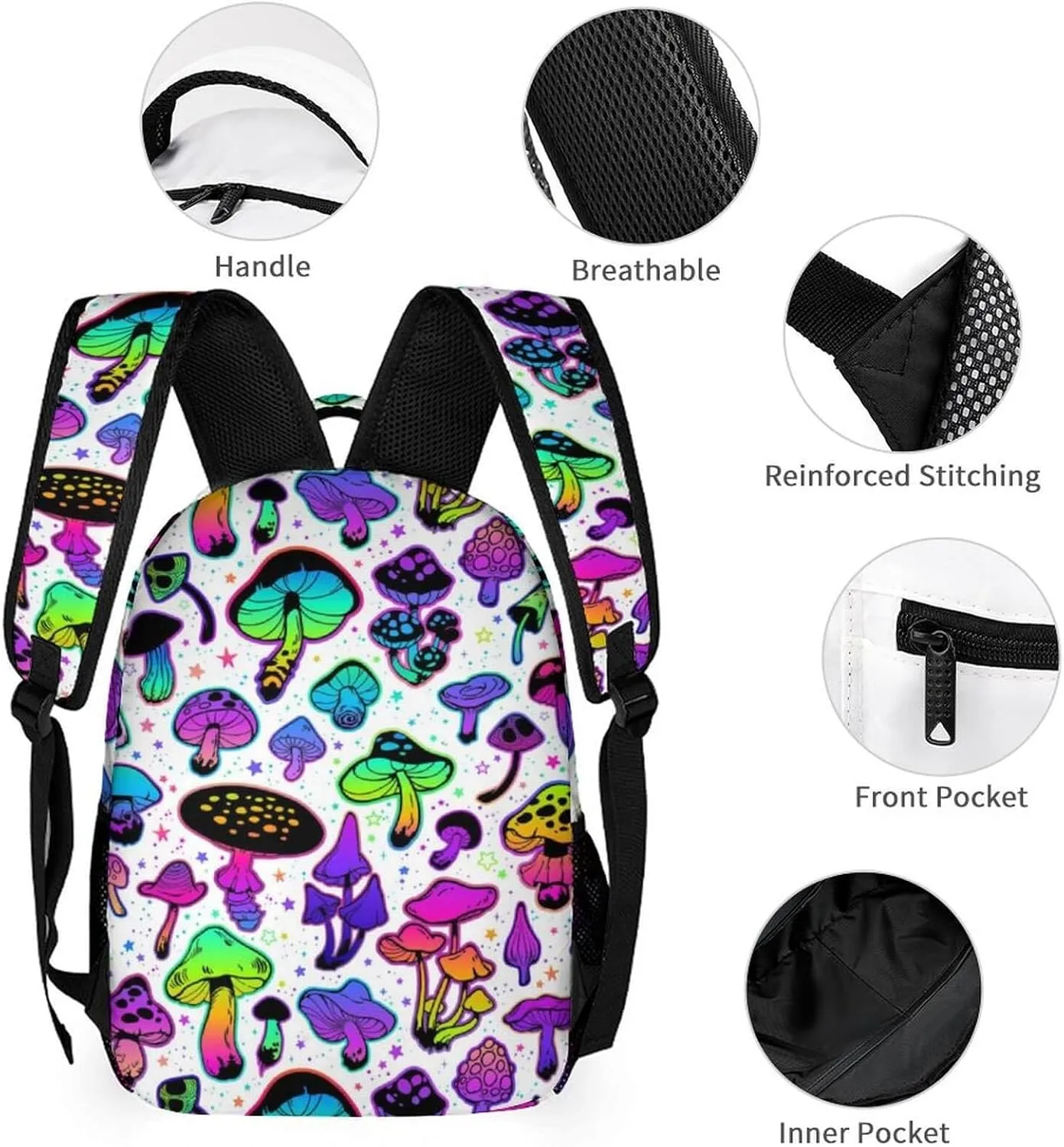 Mushroom Backpack with Lunch Box & Pencil Case, 16 Inch Cute Mushroom Themed Bookbag, Adjustable Lightweight Large Capacity, Colorful Mushroom Backpack Set for Kids Girls Boys School