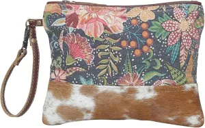 Myra Bag Western Upcycled Pouch Bag for Women - Canvas Hair On Leather Wristlet Handbag Starlit