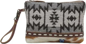 Myra Bag Western Upcycled Pouch Bag for Women - Canvas Hair On Leather Wristlet Handbag Voorpret