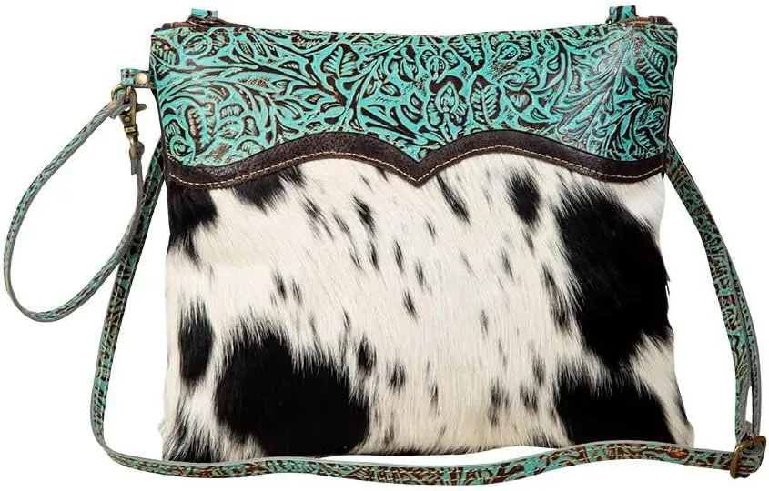Myra Bag Zapata Cowhide Purse - Turquoise Hand-Tooled Leather and Cow Print Purse, Purses for Women, Cow Hide Purse Wristlet