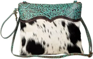Myra Bag Zapata Cowhide Purse - Turquoise Hand-Tooled Leather and Cow Print Purse, Purses for Women, Cow Hide Purse Wristlet