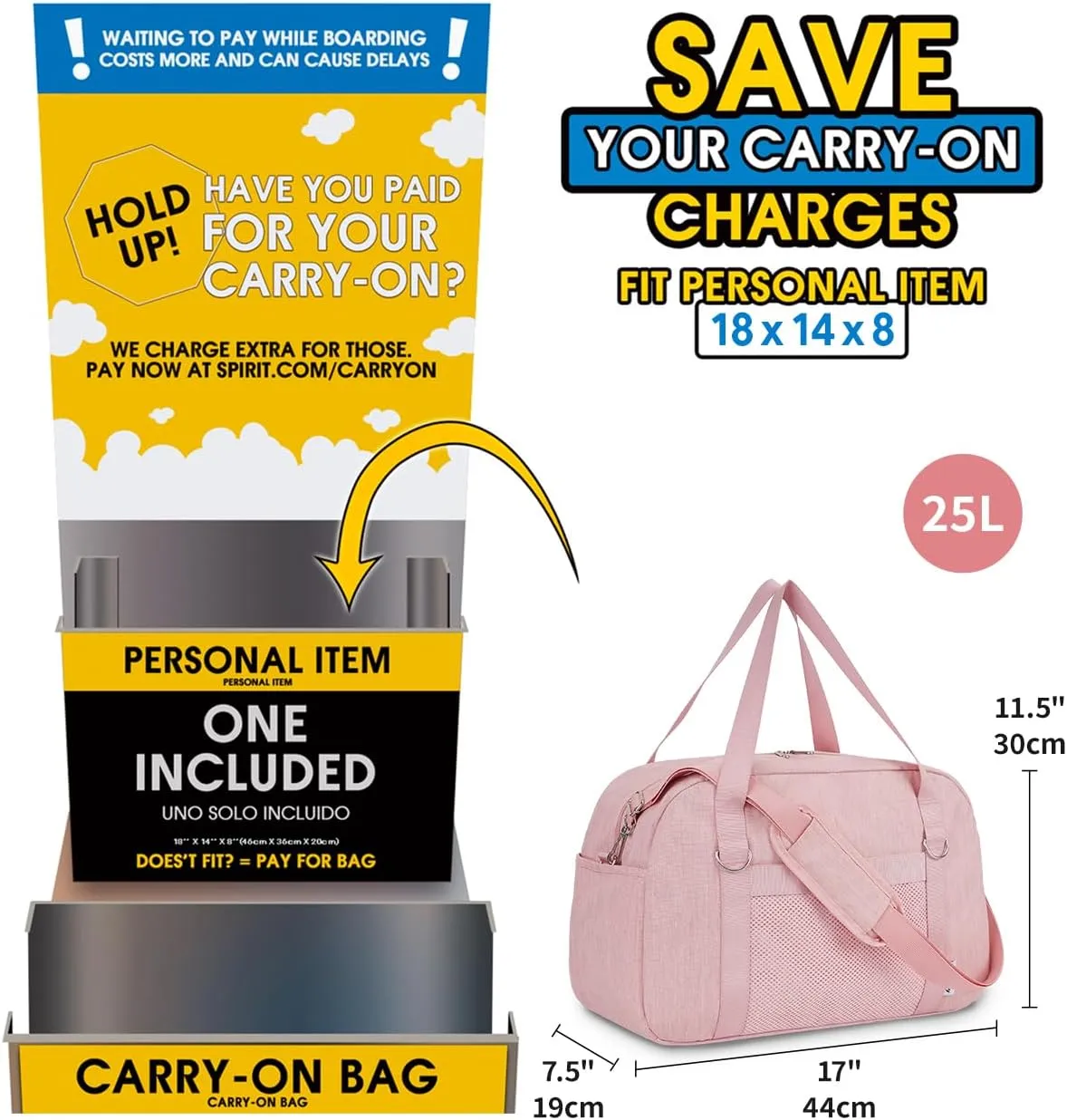 Narwey For Spirit Airlines Personal Item Bag 18x14x8, Small Duffle Bag for Travel, Duffel Bag for Traveling, Carry on Bag for Airplanes Underseat Overnight for Women and Men (Pink)