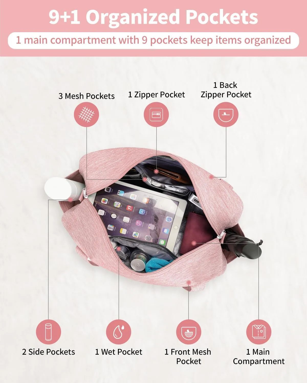 Narwey For Spirit Airlines Personal Item Bag 18x14x8, Small Duffle Bag for Travel, Duffel Bag for Traveling, Carry on Bag for Airplanes Underseat Overnight for Women and Men (Pink)