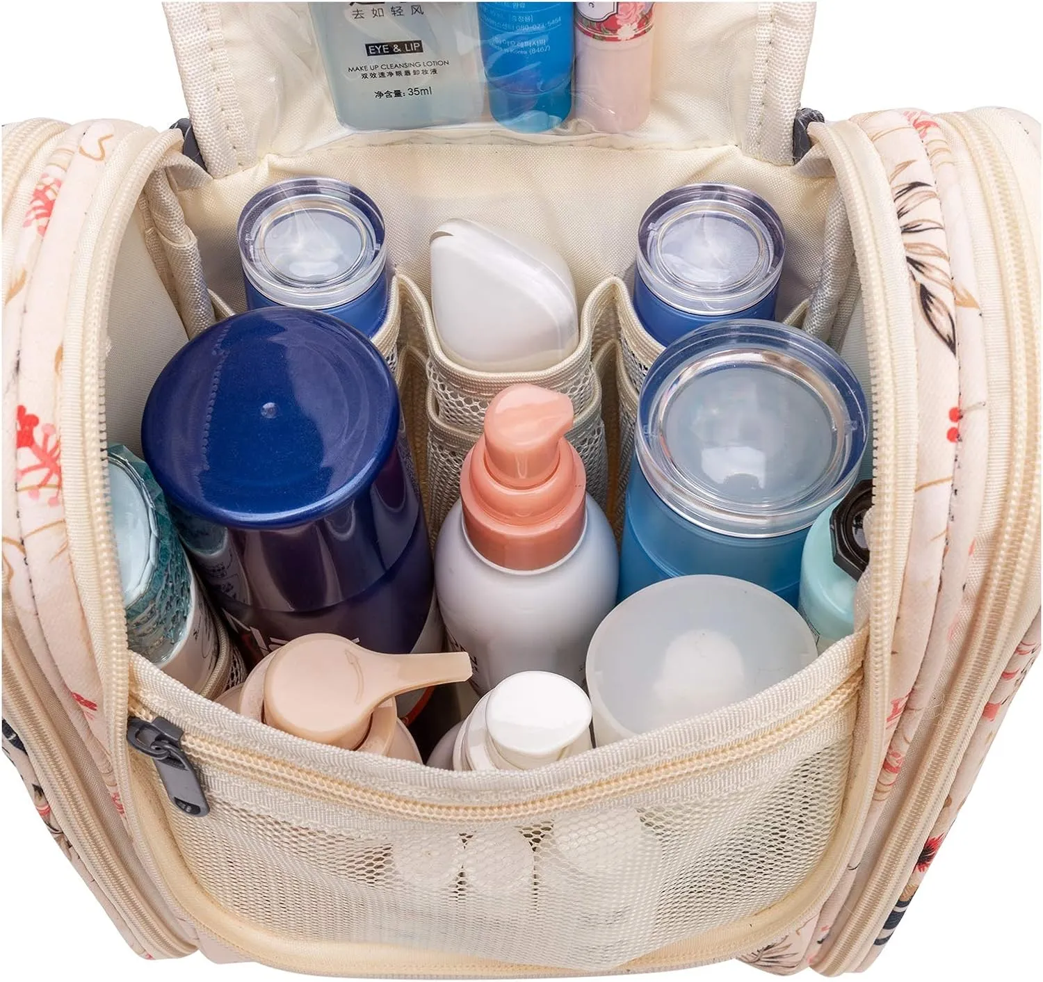 Narwey Small Hanging Toiletry Bag Women Travel Makeup Bag Organizer Toiletries Bag for Travel Size Essentials Accessories Cosmetics(Medium, Beige Bird)
