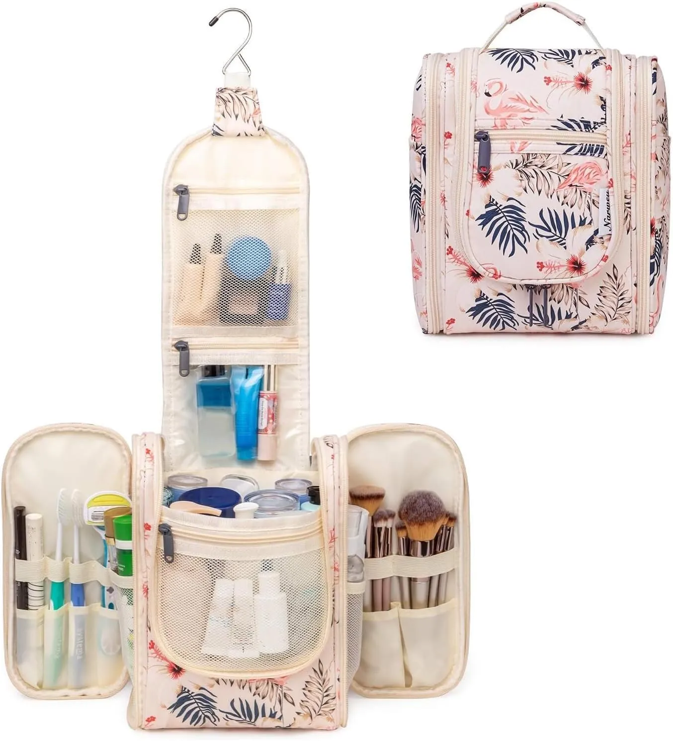 Narwey Small Hanging Toiletry Bag Women Travel Makeup Bag Organizer Toiletries Bag for Travel Size Essentials Accessories Cosmetics(Medium, Beige Bird)