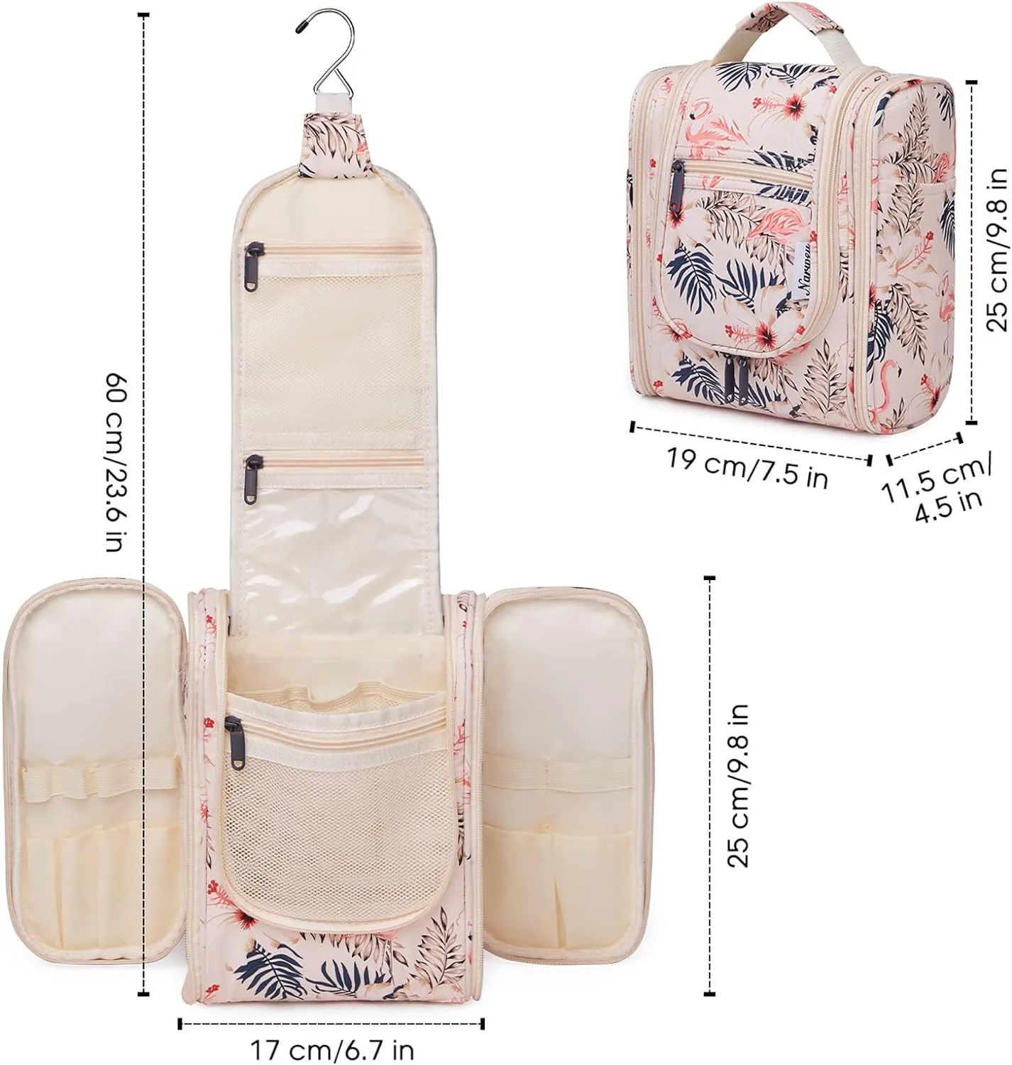 Narwey Small Hanging Toiletry Bag Women Travel Makeup Bag Organizer Toiletries Bag for Travel Size Essentials Accessories Cosmetics(Medium, Beige Bird)