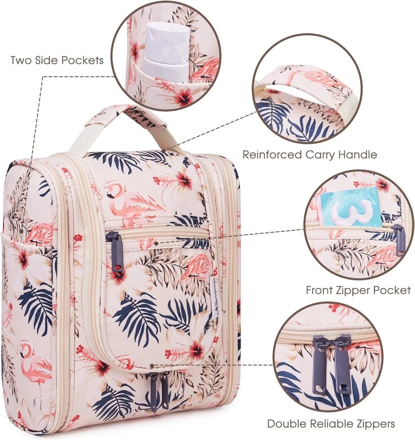 Narwey Small Hanging Toiletry Bag Women Travel Makeup Bag Organizer Toiletries Bag for Travel Size Essentials Accessories Cosmetics(Medium, Beige Bird)
