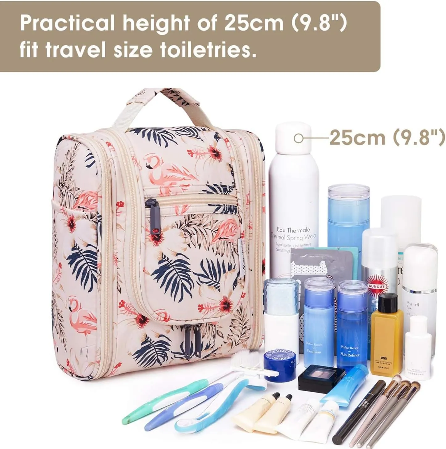 Narwey Small Hanging Toiletry Bag Women Travel Makeup Bag Organizer Toiletries Bag for Travel Size Essentials Accessories Cosmetics(Medium, Beige Bird)