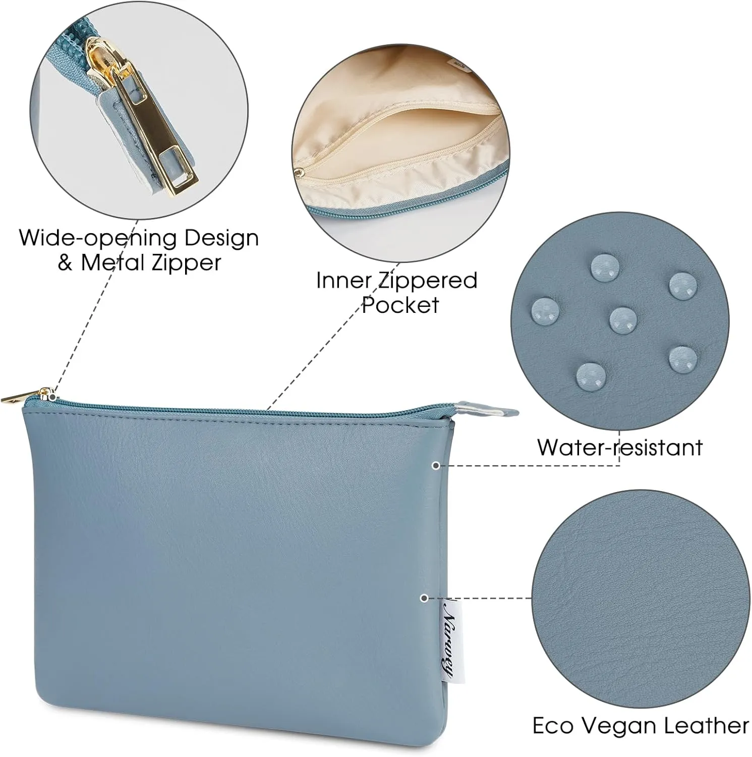 Narwey Small Makeup Bag for Purse Small Cosmetic Bag Women PU Leather Travel Makeup Pouch Zipper Pouch (Greyish Blue)