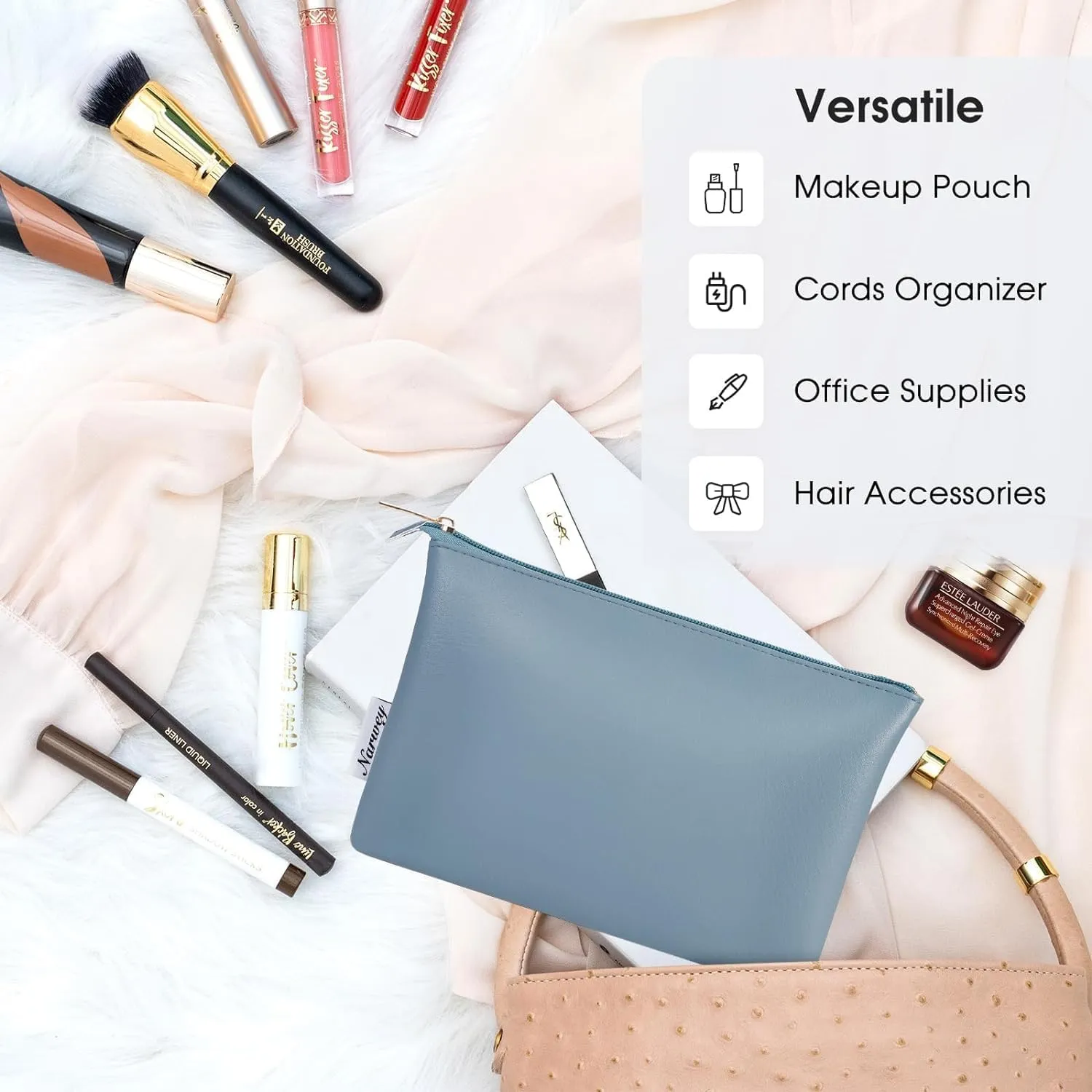 Narwey Small Makeup Bag for Purse Small Cosmetic Bag Women PU Leather Travel Makeup Pouch Zipper Pouch (Greyish Blue)