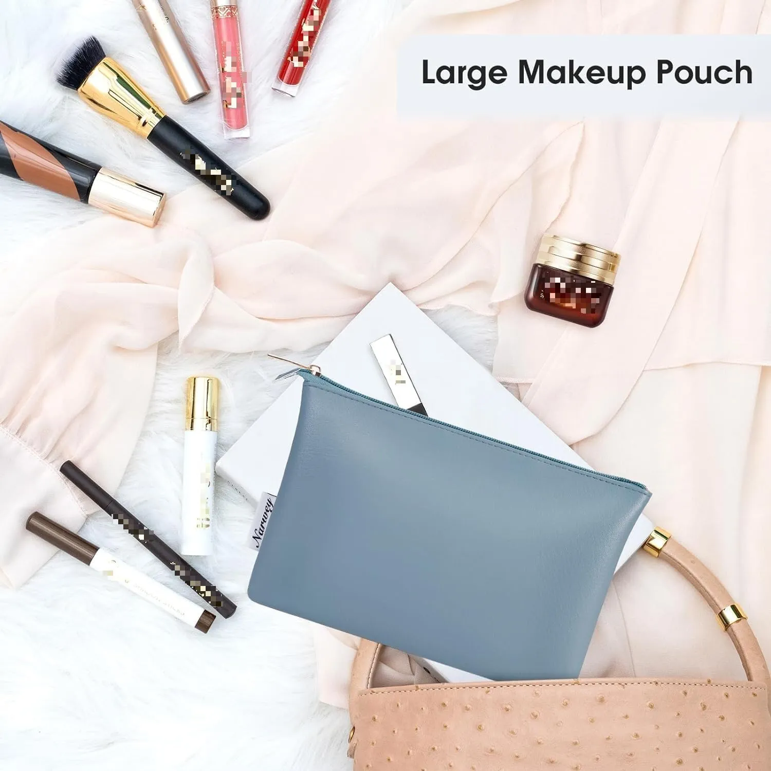 Narwey Small Makeup Bag for Purse Small Cosmetic Bag Women PU Leather Travel Makeup Pouch Zipper Pouch (Greyish Blue)
