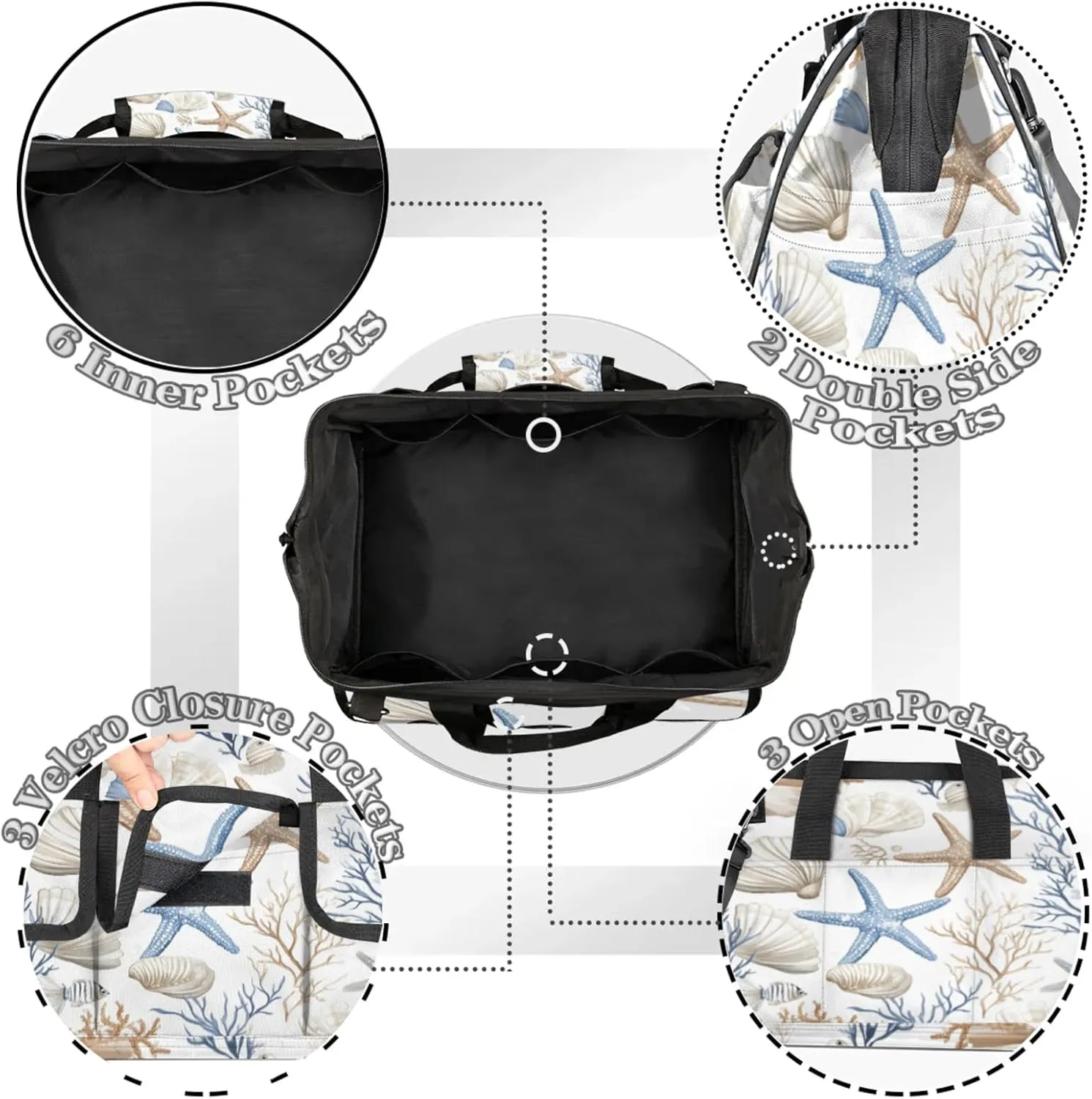 Nautical Coastal Tool Bags for Men and Women Ocean Beach Seashell Starfish Themed Heavy Duty Tool Tote Organizer Bag for Electrician Carpenter Mechanic, Adjustable Shoulder Strap