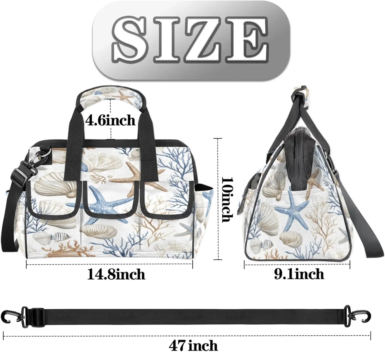 Nautical Coastal Tool Bags for Men and Women Ocean Beach Seashell Starfish Themed Heavy Duty Tool Tote Organizer Bag for Electrician Carpenter Mechanic, Adjustable Shoulder Strap
