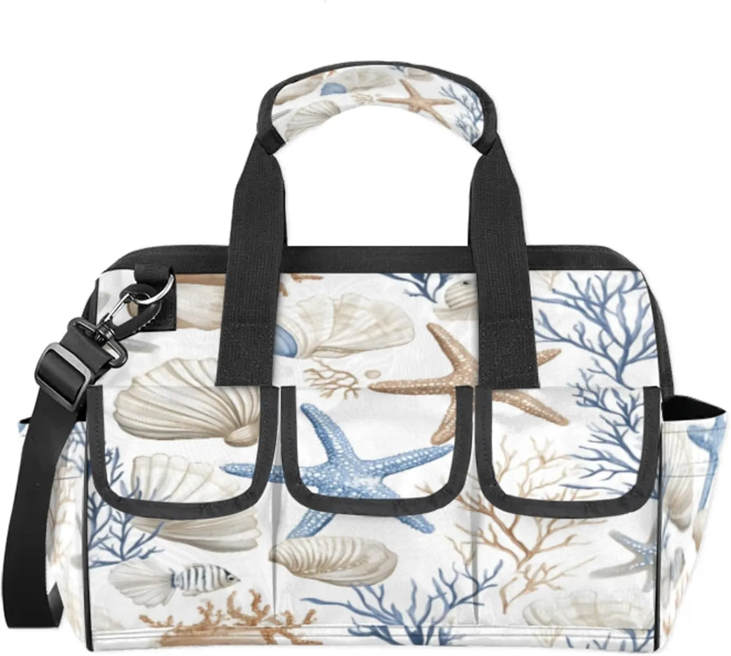 Nautical Coastal Tool Bags for Men and Women Ocean Beach Seashell Starfish Themed Heavy Duty Tool Tote Organizer Bag for Electrician Carpenter Mechanic, Adjustable Shoulder Strap