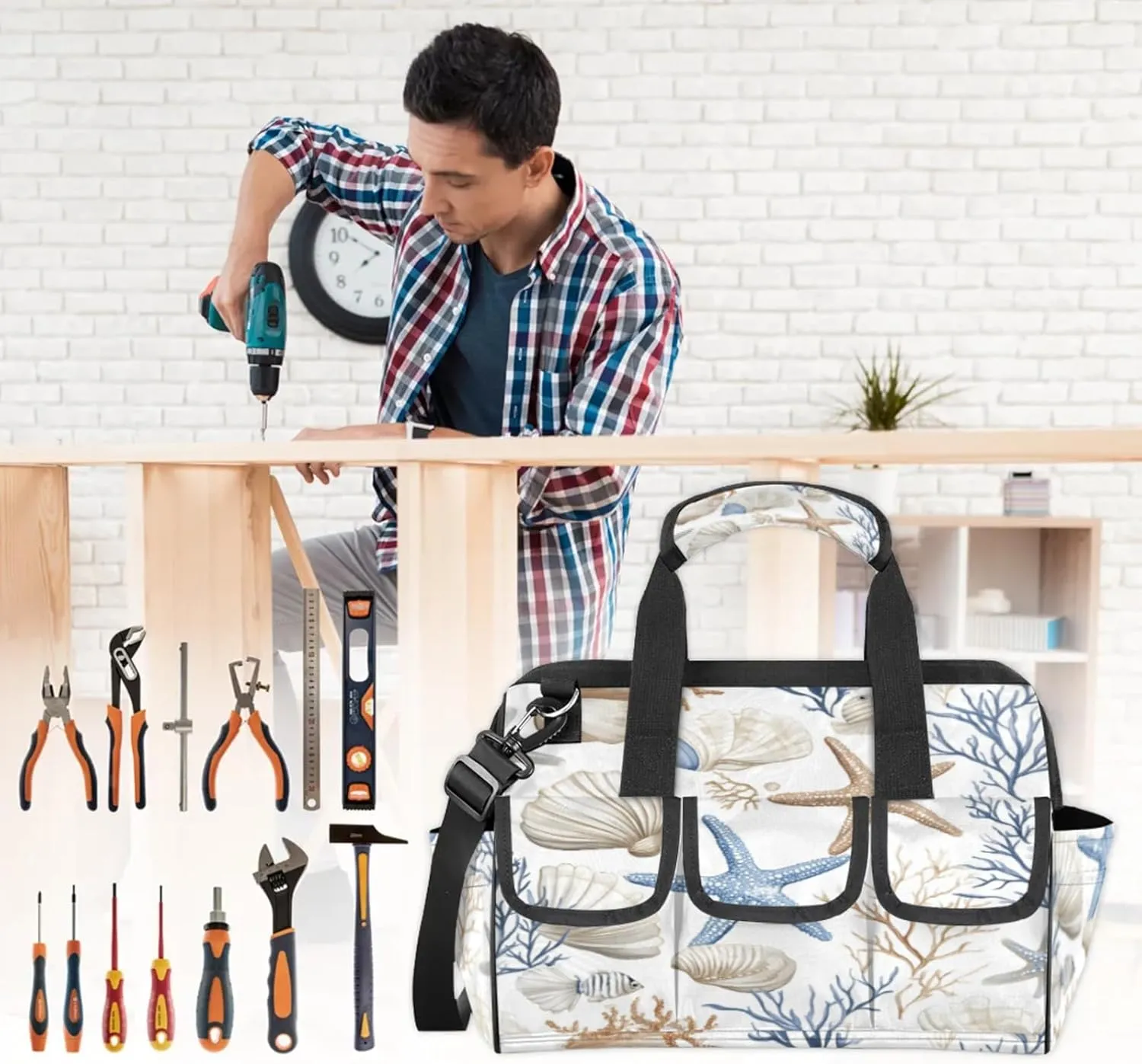 Nautical Coastal Tool Bags for Men and Women Ocean Beach Seashell Starfish Themed Heavy Duty Tool Tote Organizer Bag for Electrician Carpenter Mechanic, Adjustable Shoulder Strap