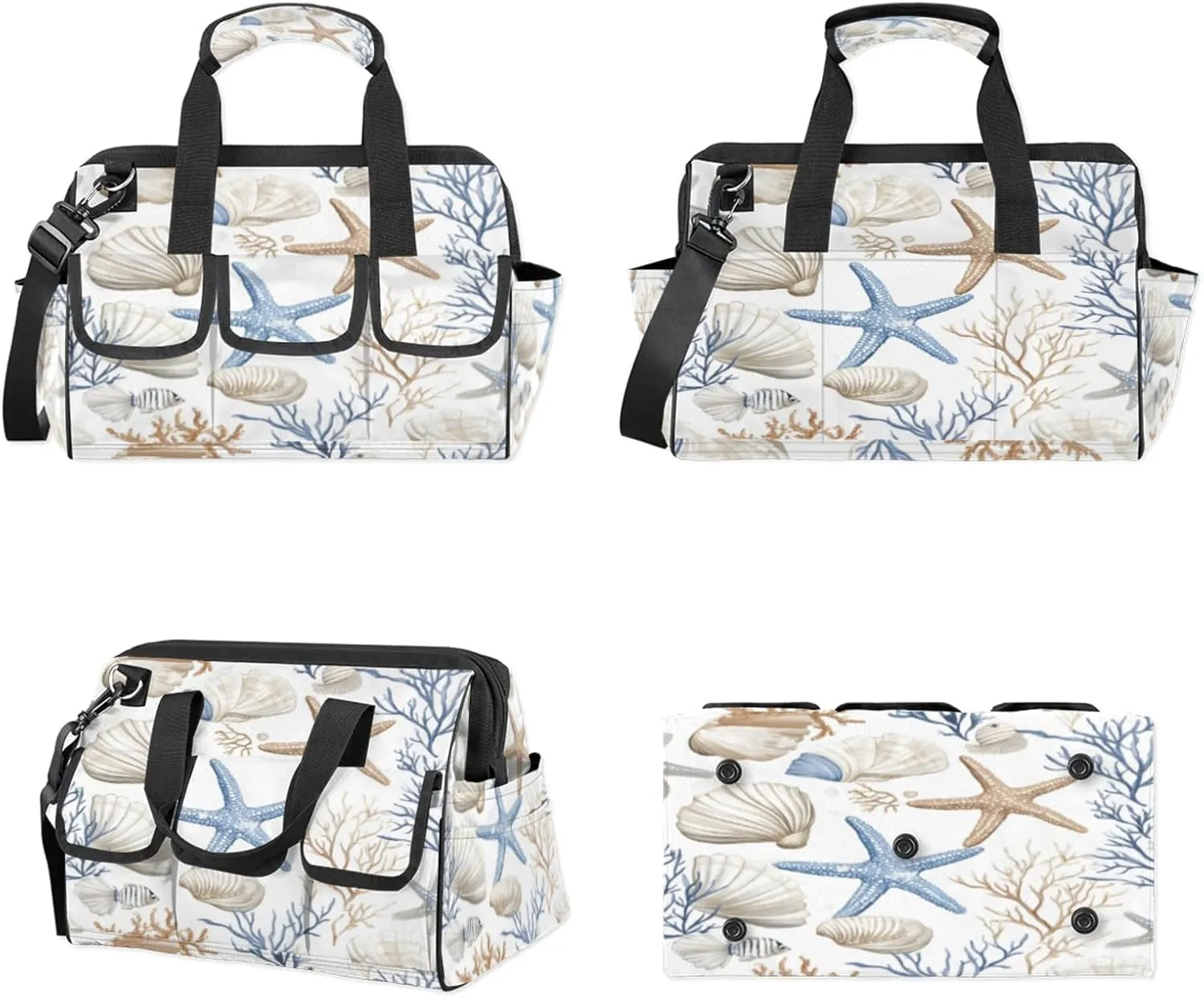 Nautical Coastal Tool Bags for Men and Women Ocean Beach Seashell Starfish Themed Heavy Duty Tool Tote Organizer Bag for Electrician Carpenter Mechanic, Adjustable Shoulder Strap
